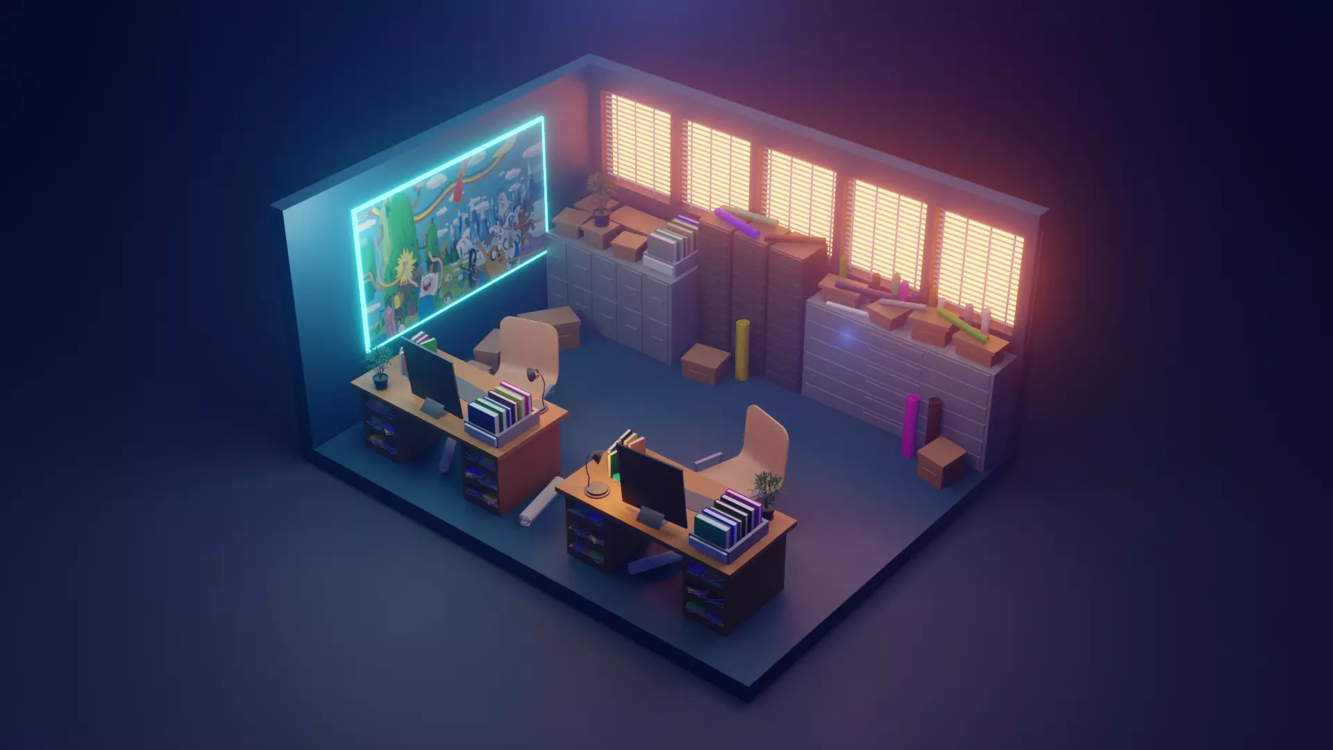 3D Office scene Free low-poly 3D model