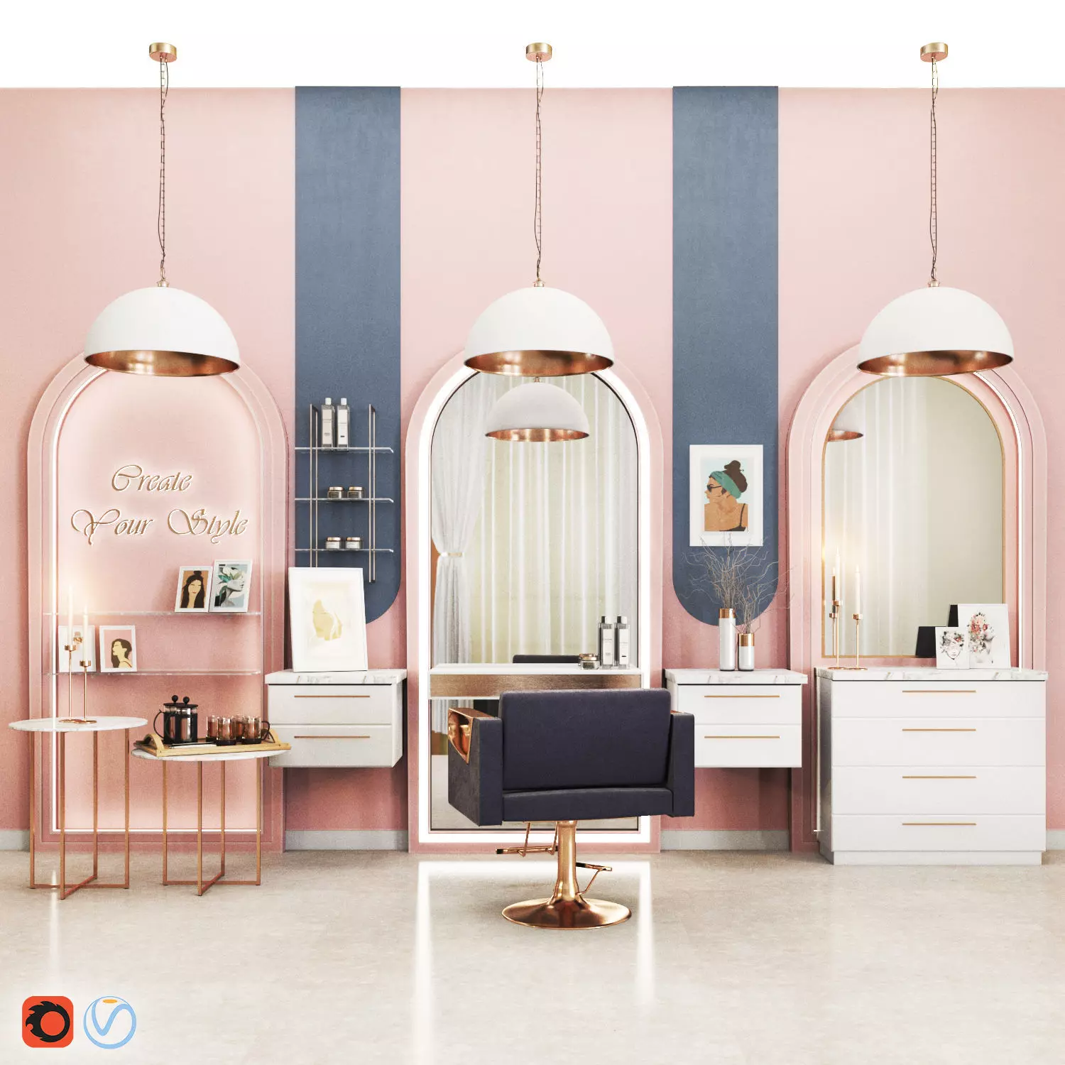 BeautySalon01 beauty salon with walls and gold accents Low-poly 3D model_0