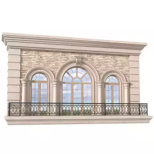 Balcony with arched windows and wrought iron railing