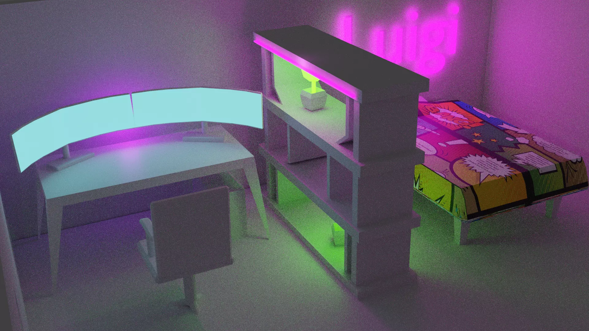 myRoomAllUpdate room with neon lights and desk Free 3D model