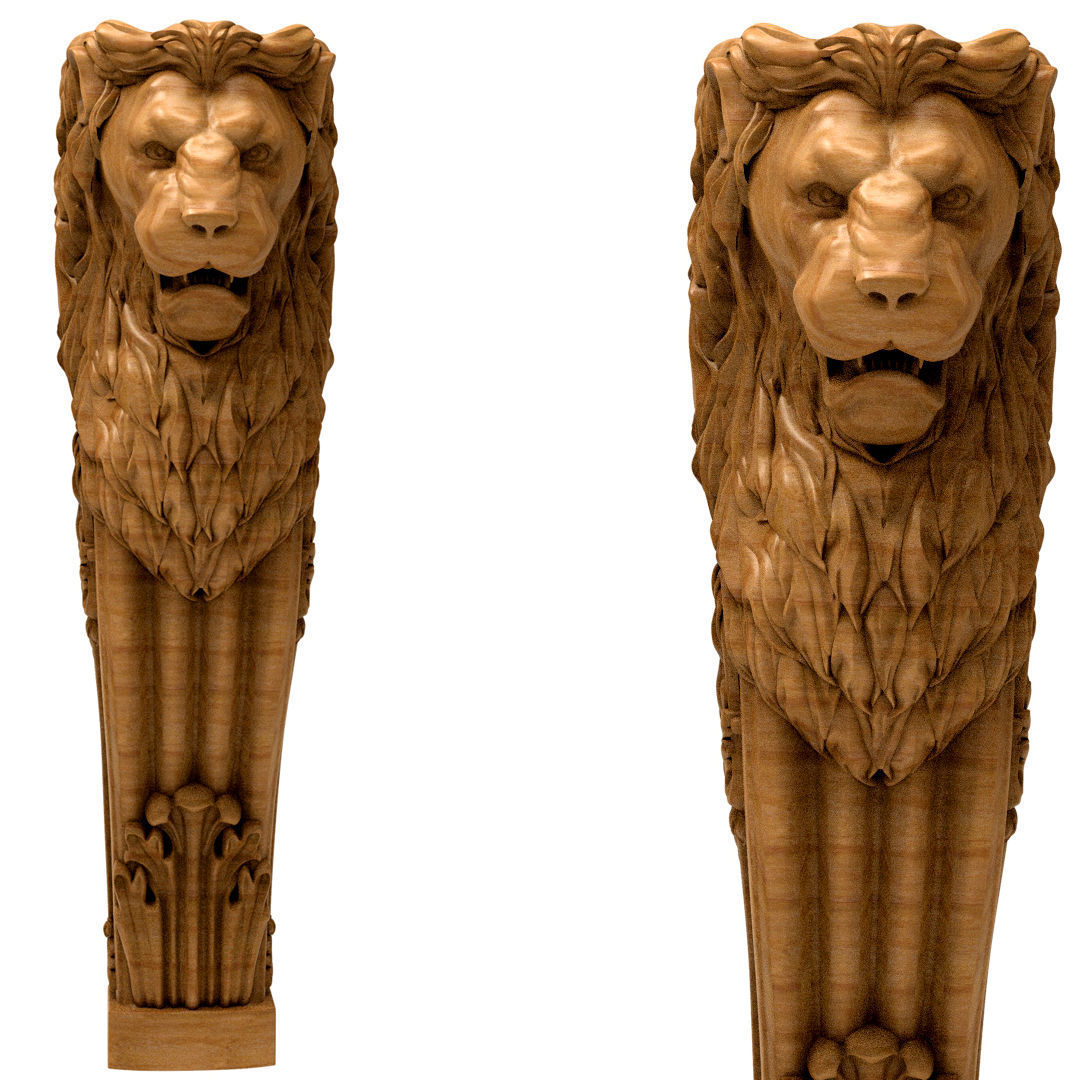 3D Model STL Column wood carving of lion 3D model_2