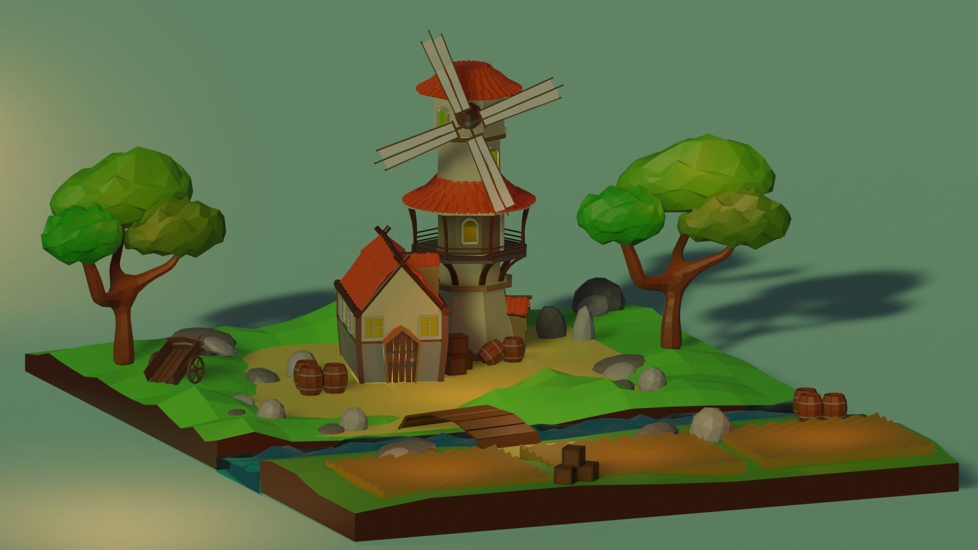 Windmill paper and trees 3D model_4