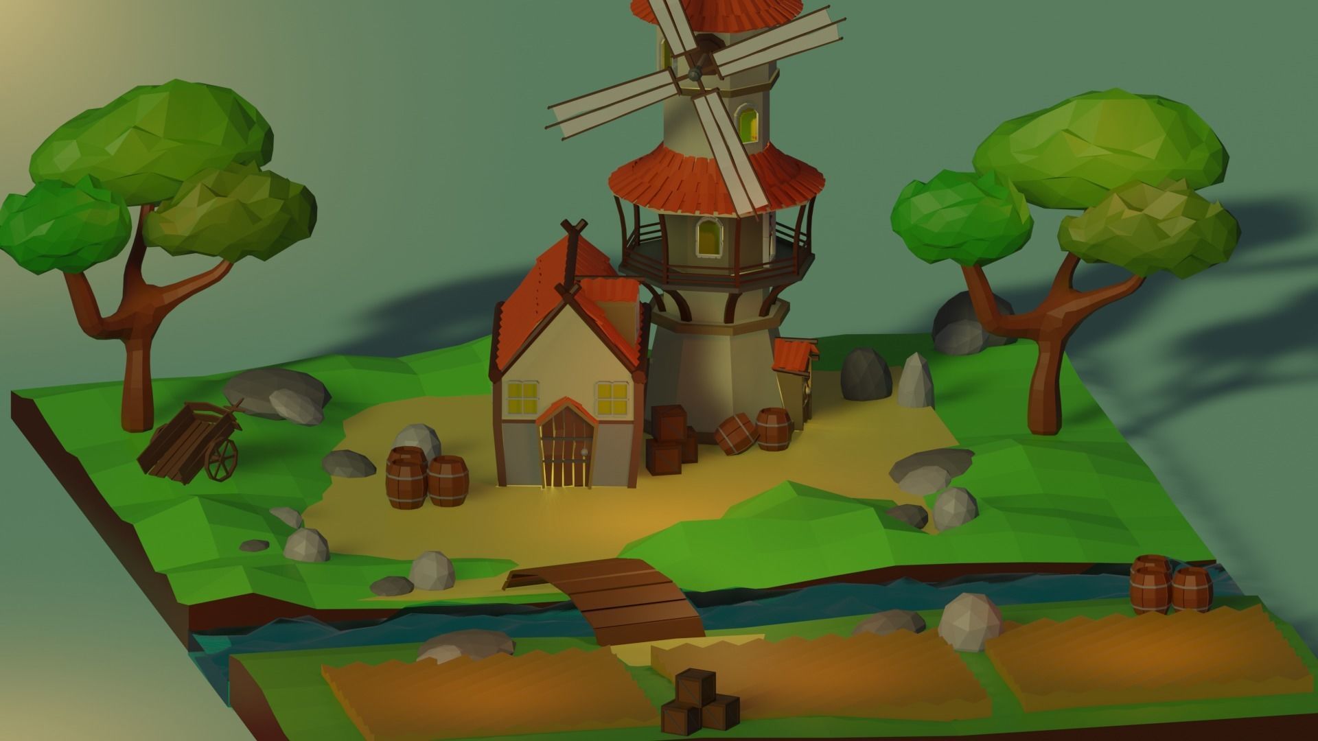 Windmill paper and trees 3D model_6