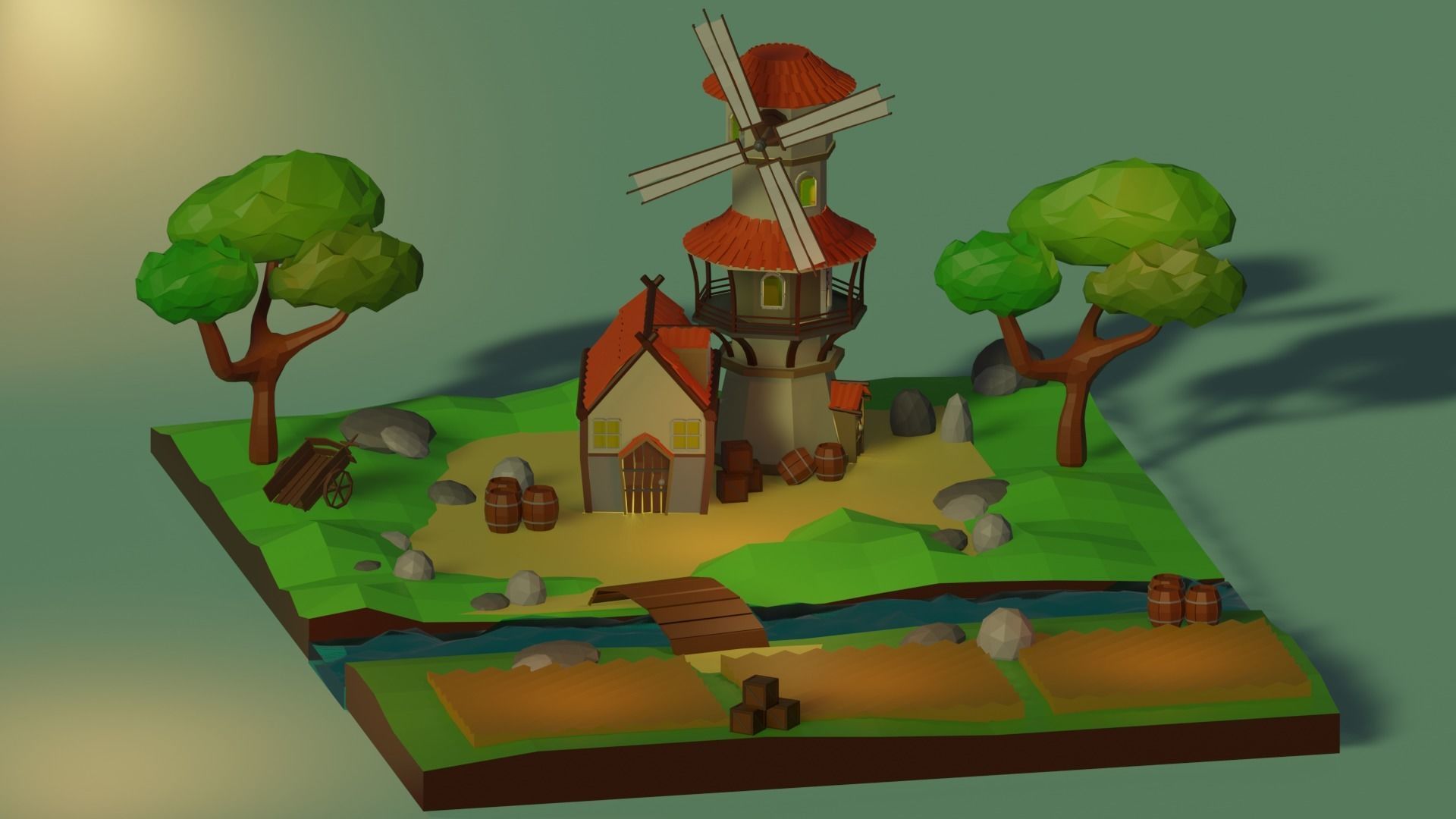 Windmill paper and trees 3D model_2