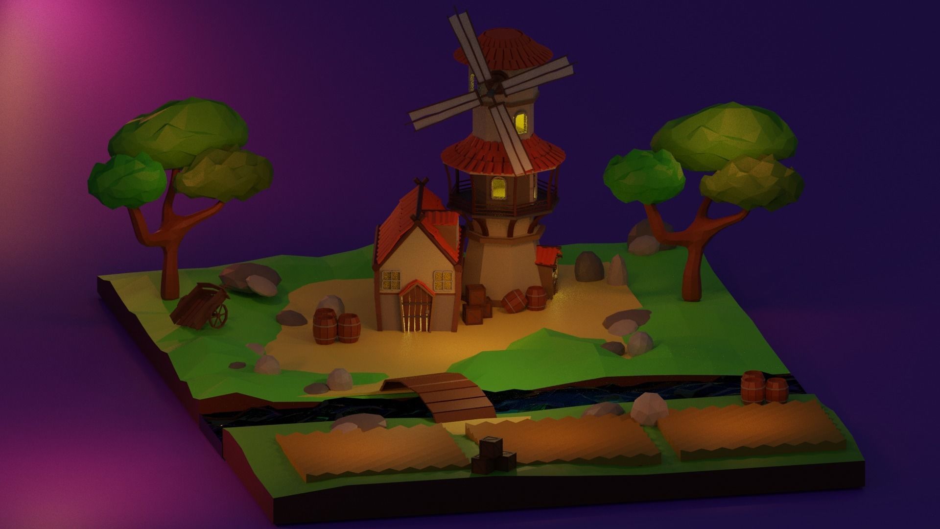 Windmill paper and trees 3D model_1