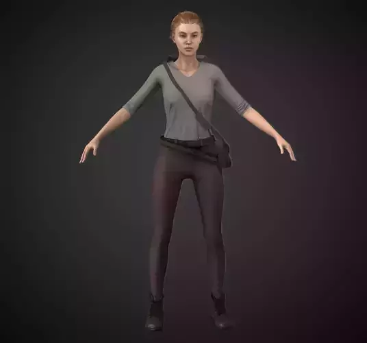 Scarlet woman wearing pants and backpack