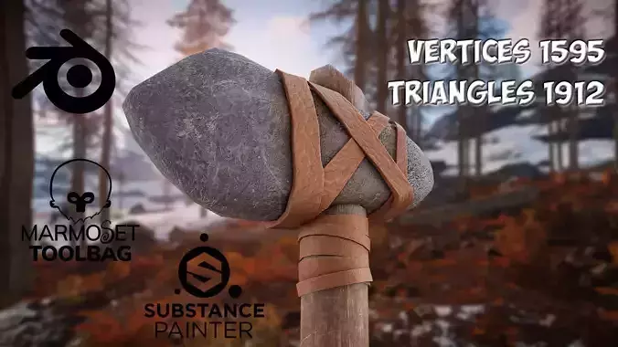 Primitive stone axe Low-poly 3D model