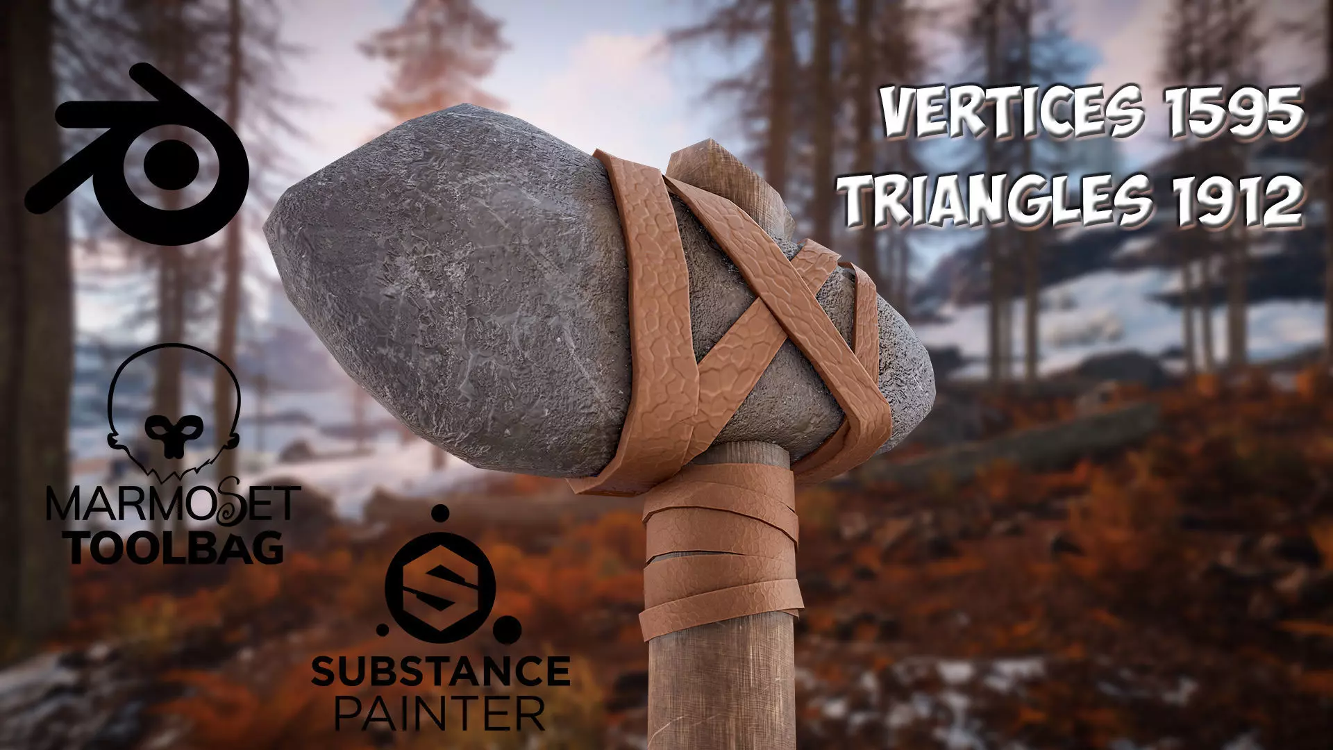 Primitive stone axe Low-poly 3D model_0