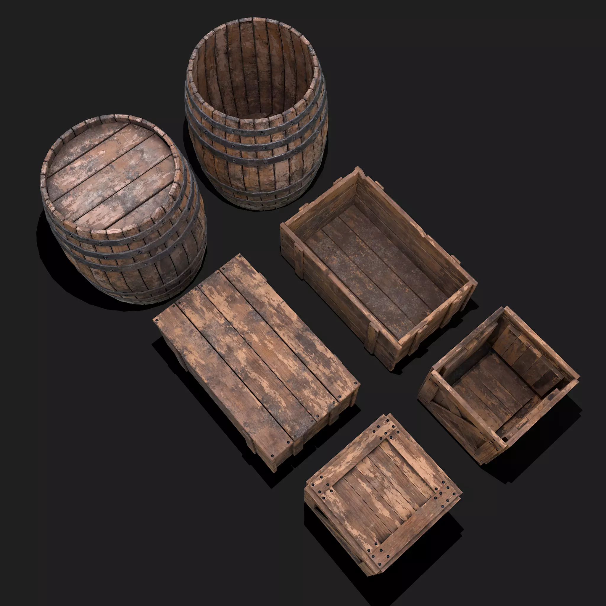 Fishing Barrels and Crates Low-poly 3D model