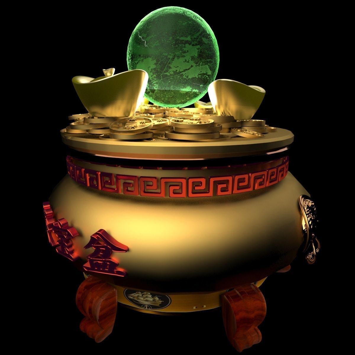 Chinese gold Ingot  pot  3D model_3