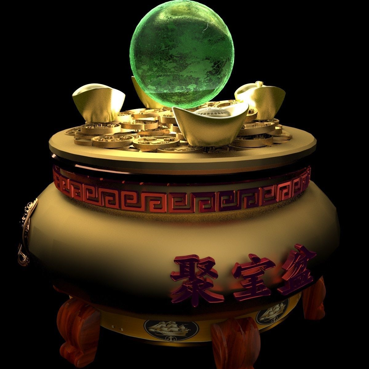 Chinese gold Ingot  pot  3D model_4