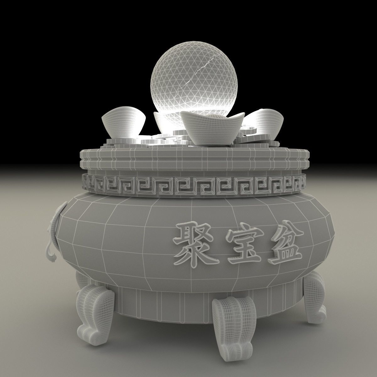 Chinese gold Ingot  pot  3D model_6