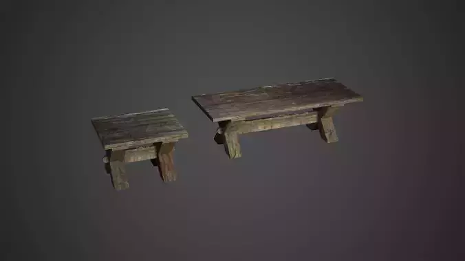 Medieval Wooden Benches Low Poly Game Ready Low-poly 3D model