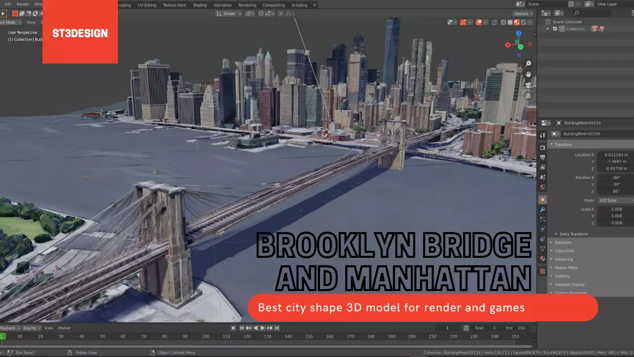 Brooklyn bridge And Manhattan USA With texture Low-poly 3D model_0