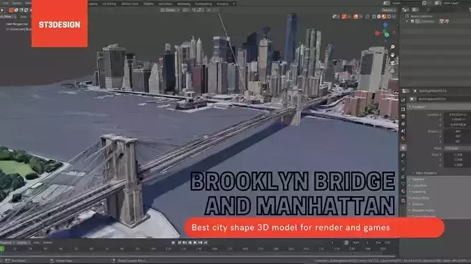 Brooklyn bridge And Manhattan USA With texture  Low-poly 3D model