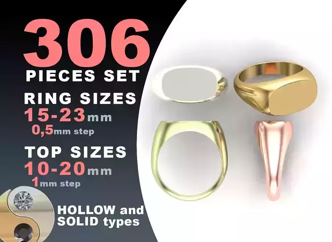 Signet rings set ROUNDED SQUARE top 3D print model