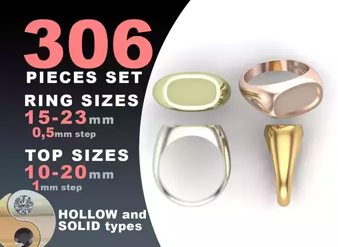 Signet rings set ROUNDED SQUARE top 3D print model