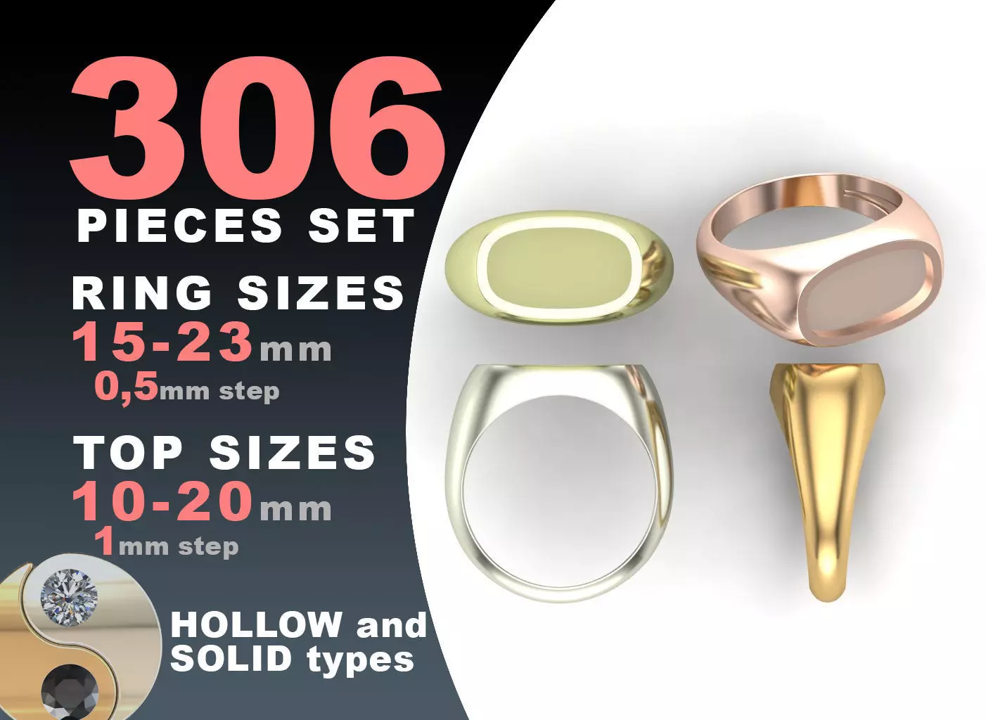 Signet rings set ROUNDED SQUARE top 3D print model_0