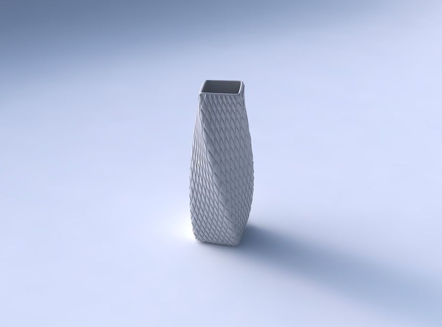 Vase twisted rectangle with diagonal grid bulges 3D print model_3