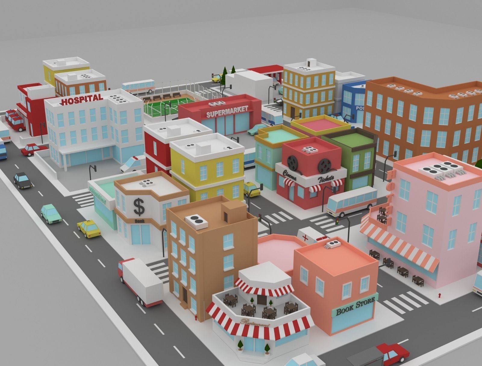 Low Poly City street with buildings and cars Low-poly 3D model_3