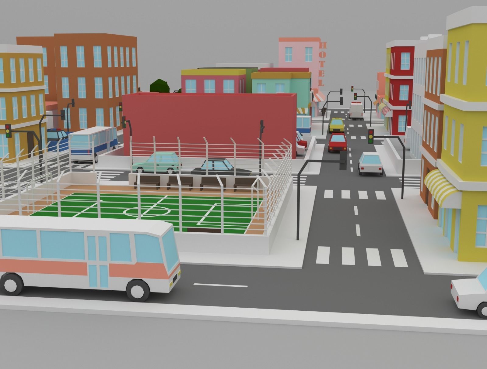 Low Poly City street with buildings and cars Low-poly 3D model_5