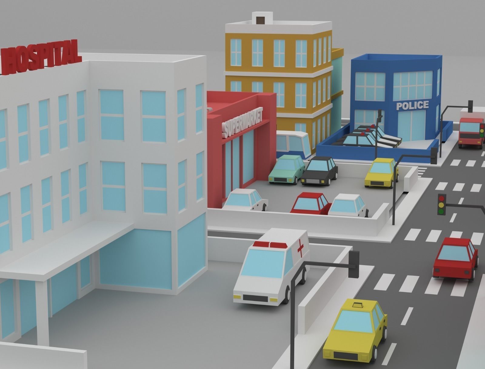 Low Poly City street with buildings and cars Low-poly 3D model_7