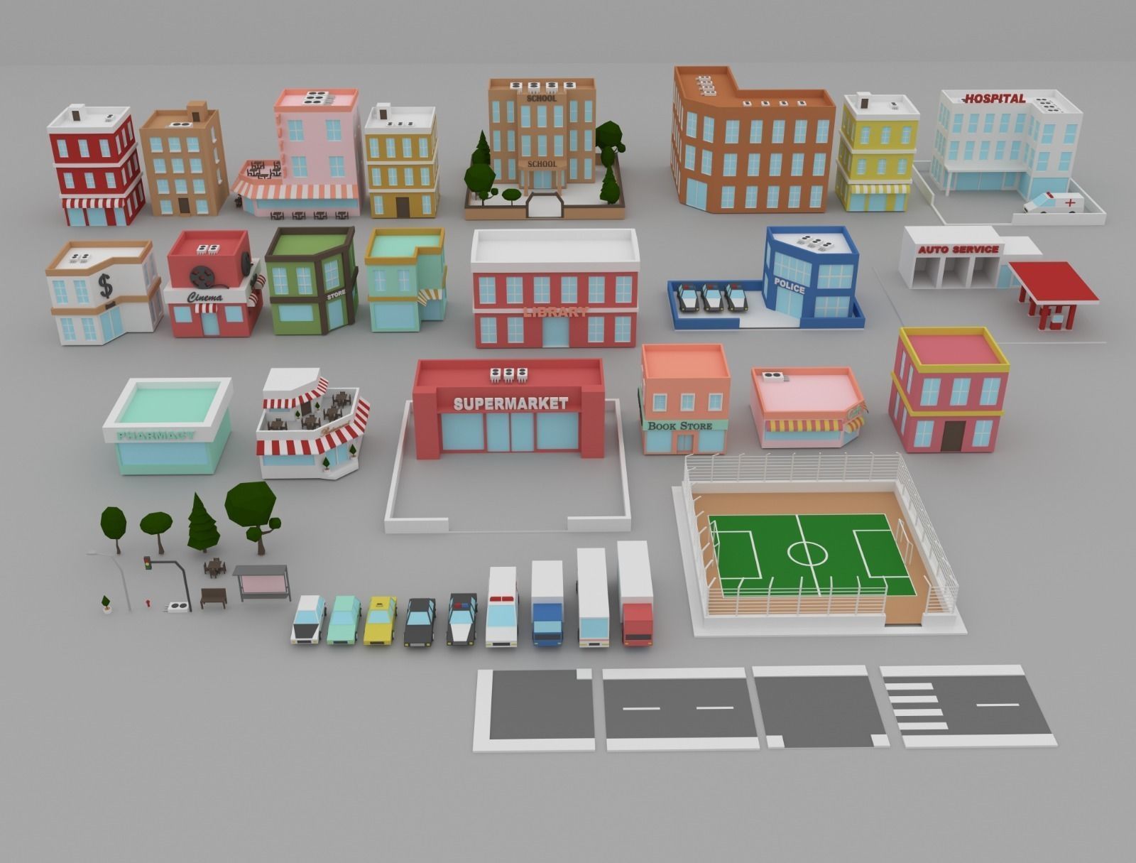 Low Poly City street with buildings and cars Low-poly 3D model_1