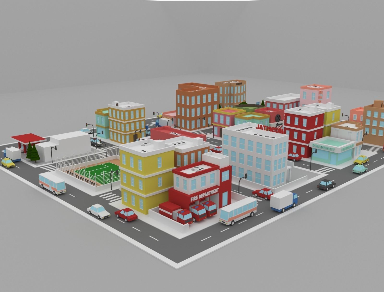 Low Poly City street with buildings and cars Low-poly 3D model_6