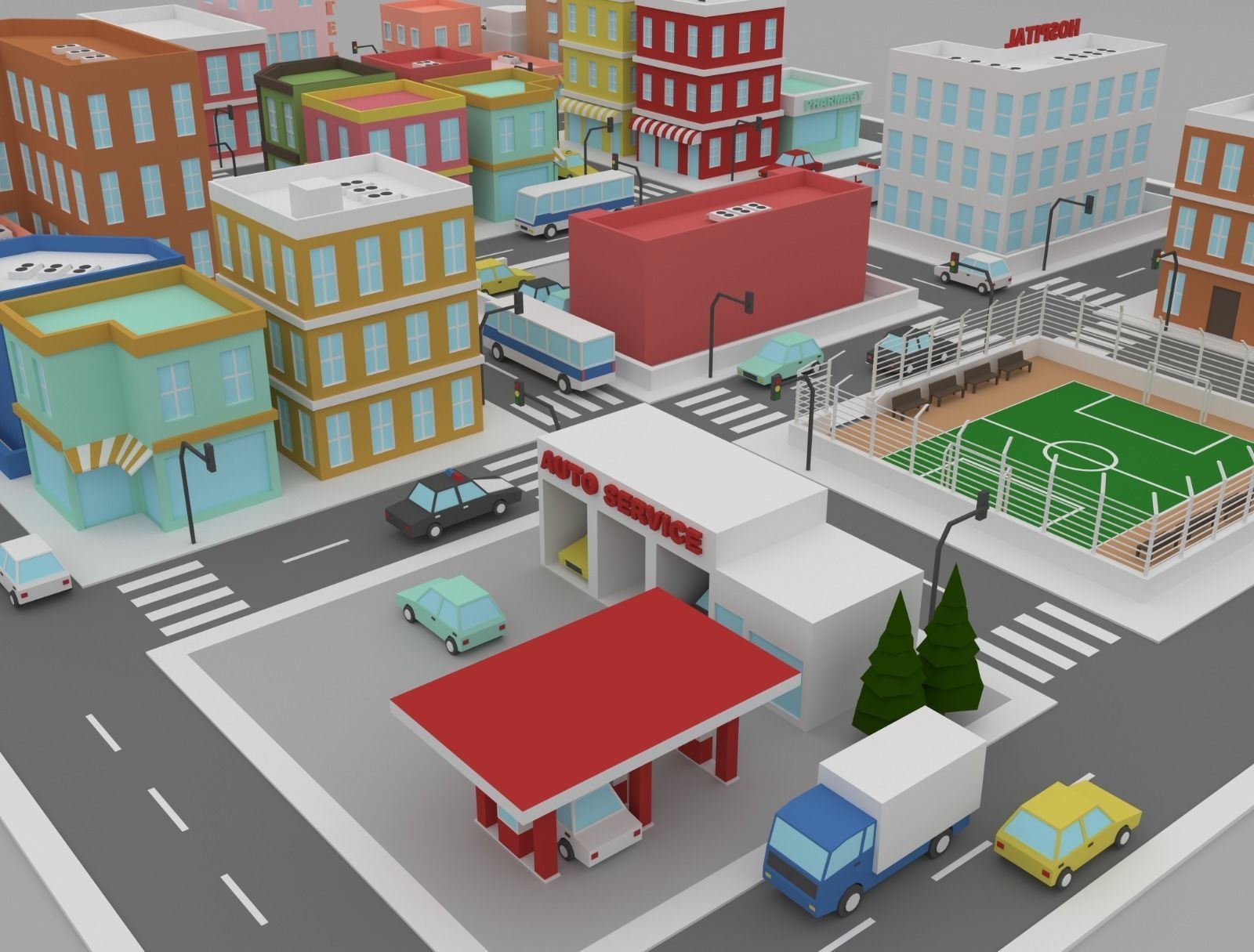 Low Poly City street with buildings and cars Low-poly 3D model_4