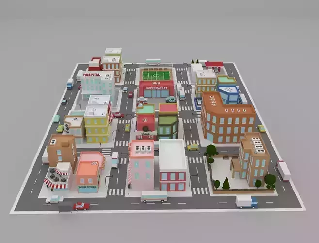 Low Poly City street with buildings and cars
