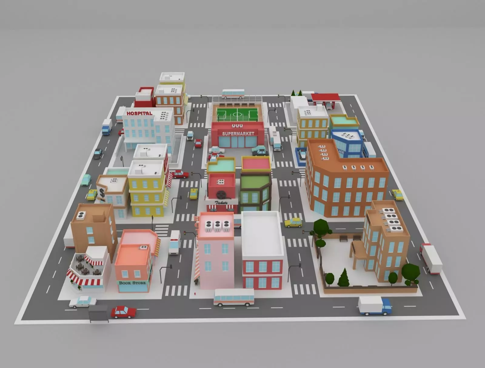 Low Poly City street with buildings and cars Low-poly 3D model_0
