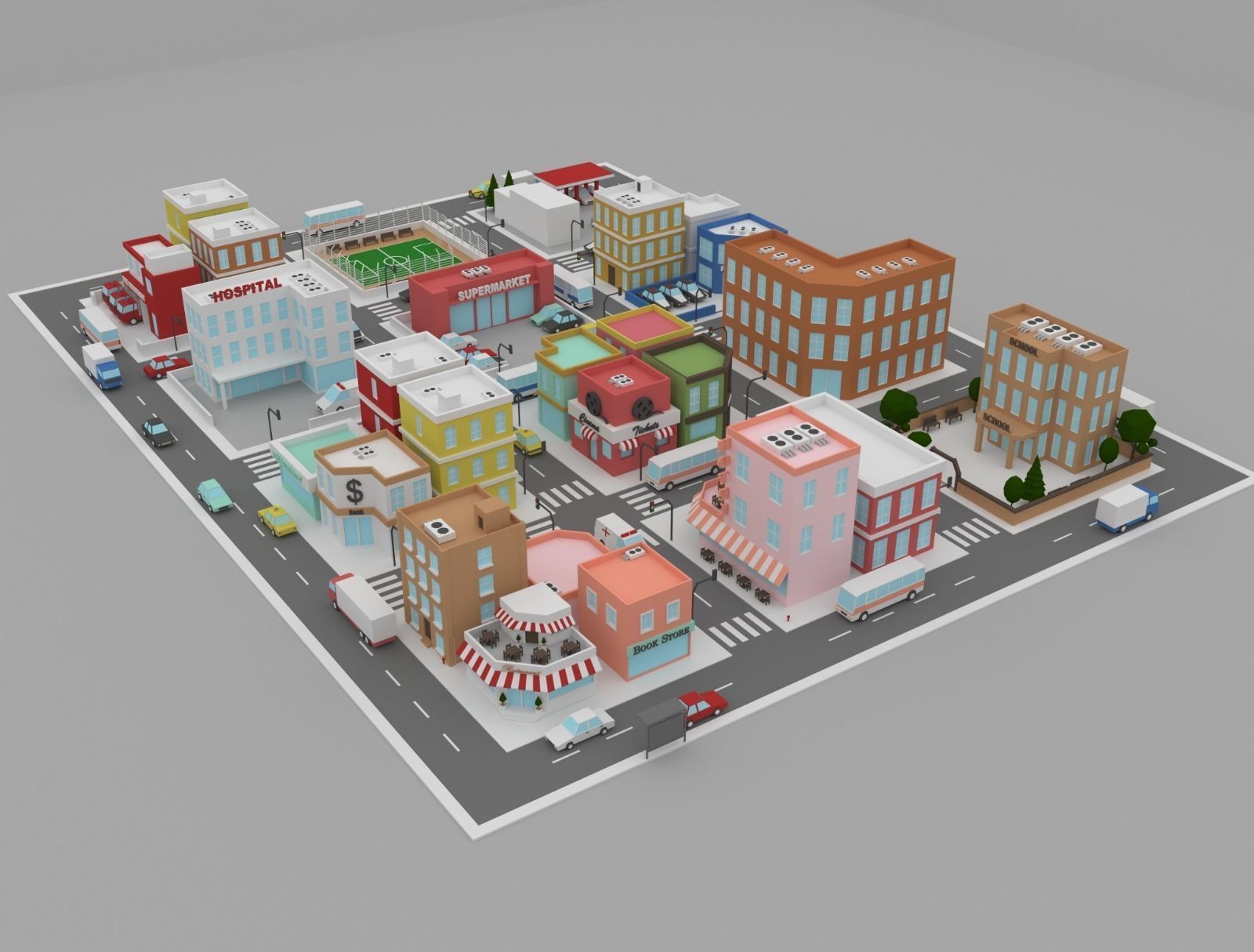 Low Poly City street with buildings and cars Low-poly 3D model_2