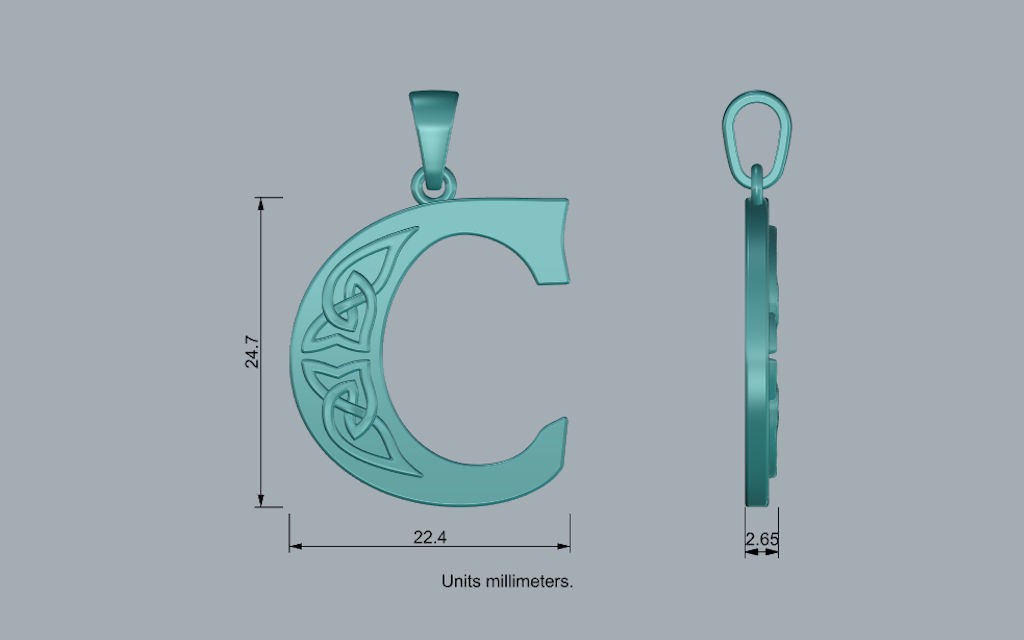Celtic pendant letter C 3D print model_3