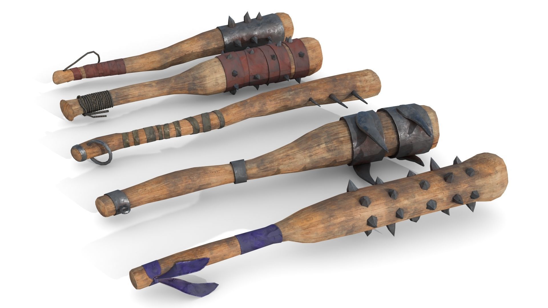 Set of Wooden Maces Low-poly 3D model_5