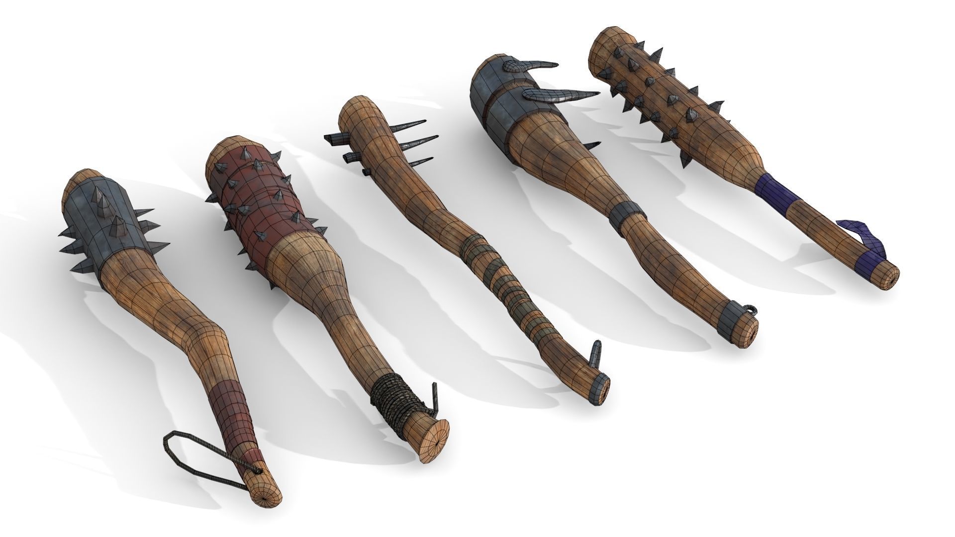 Set of Wooden Maces Low-poly 3D model_10