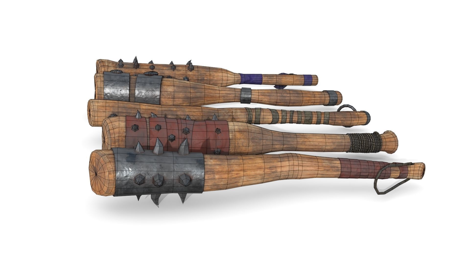 Set of Wooden Maces Low-poly 3D model_16