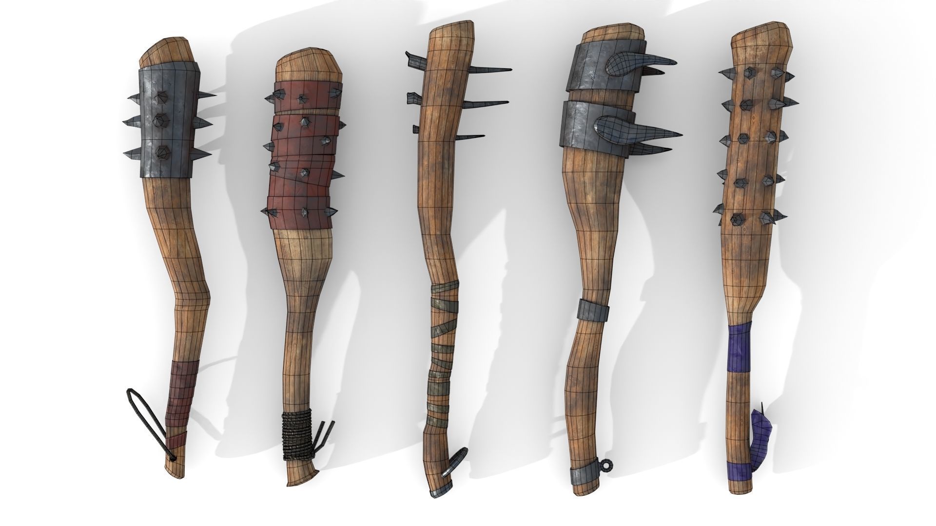 Set of Wooden Maces Low-poly 3D model_14
