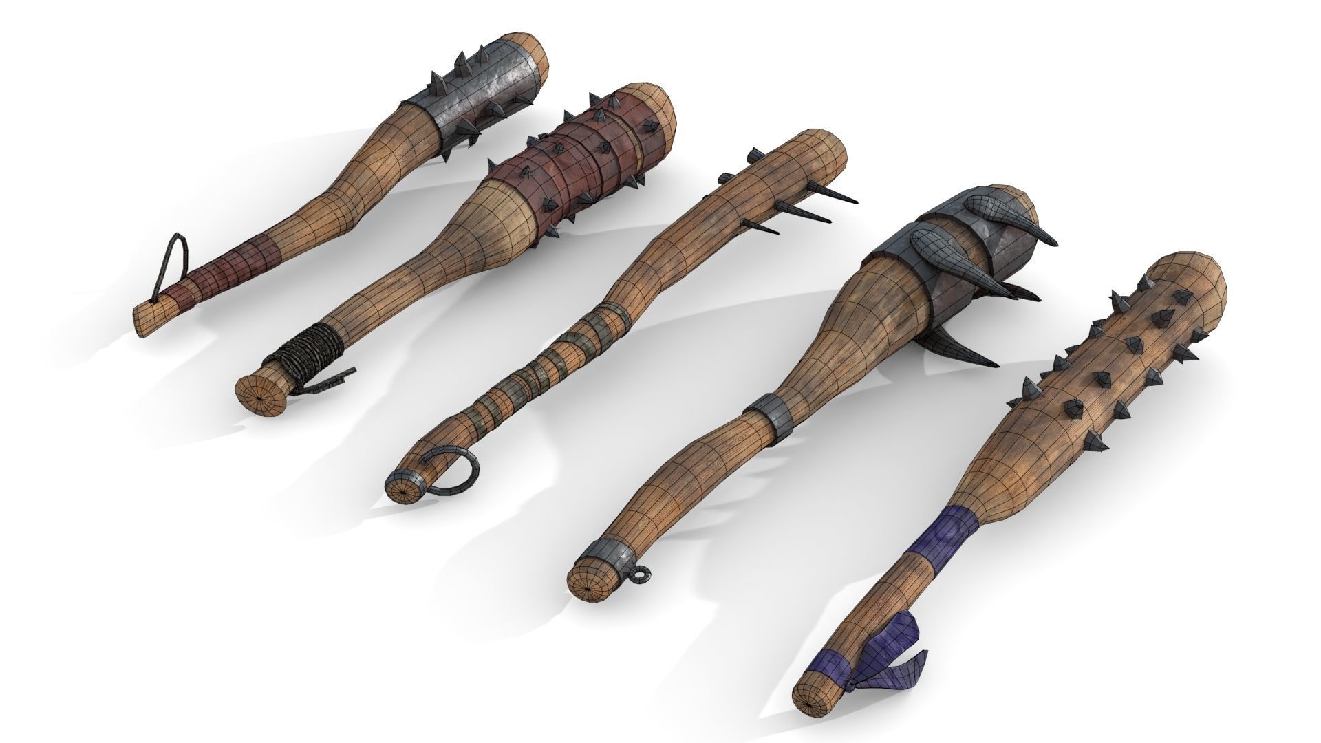 Set of Wooden Maces Low-poly 3D model_11