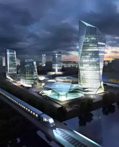 modernArchitecture futuristic city with tall buildings and train