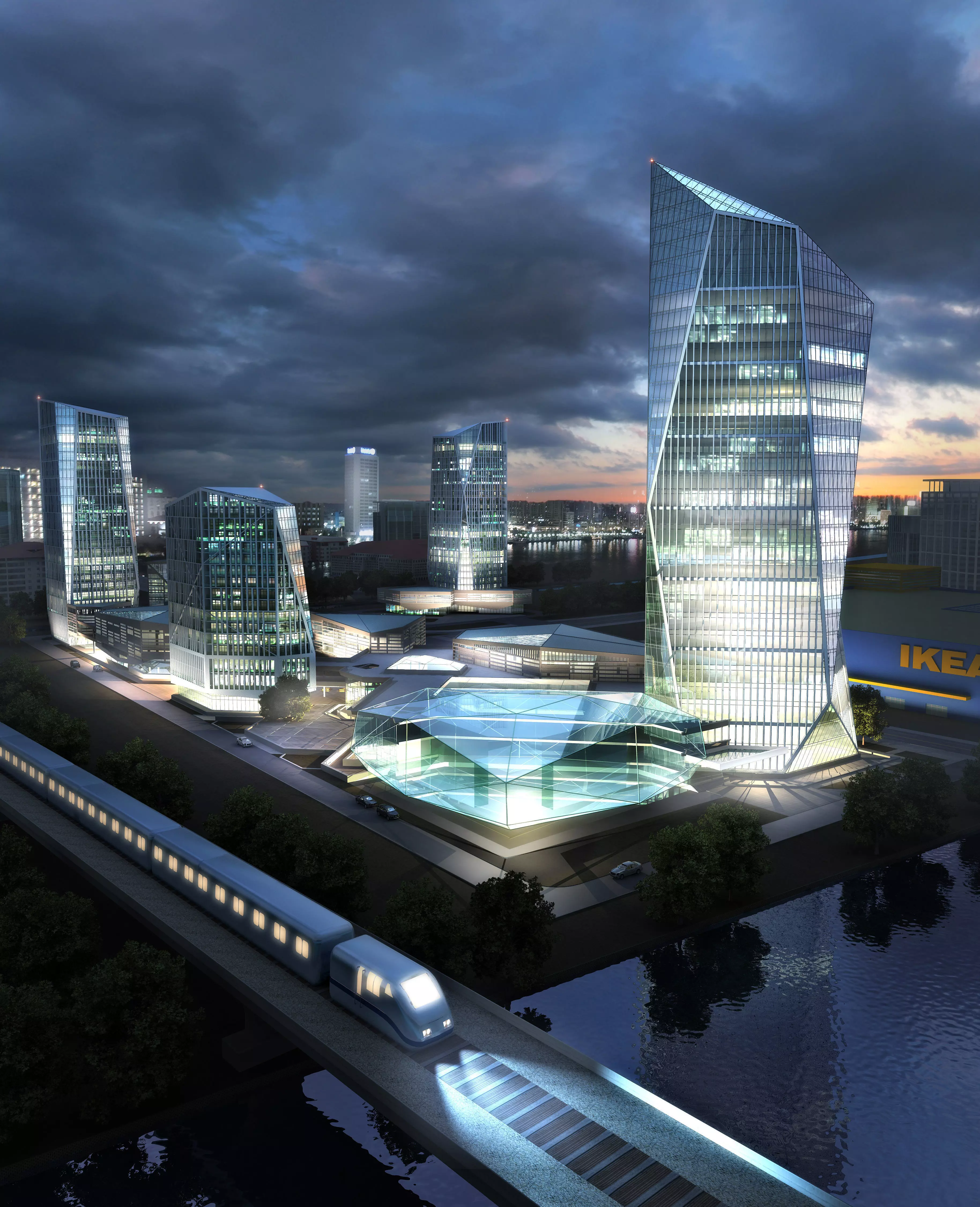 modernArchitecture futuristic city with tall buildings and train 3D model