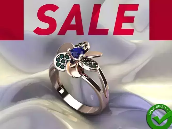 Elegant Stylish Floral Ring with Green Petal Inset Blue Gems  