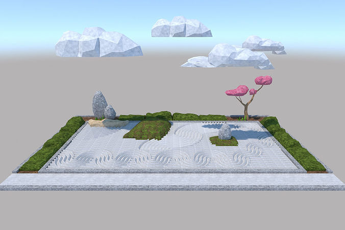Japanese garden Karesansui pattern ripples Low-poly 3D model