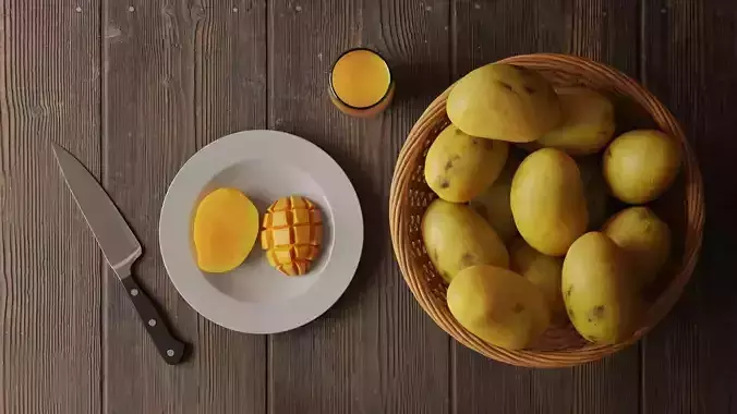 Mangoes bowl of and knife on wooden table