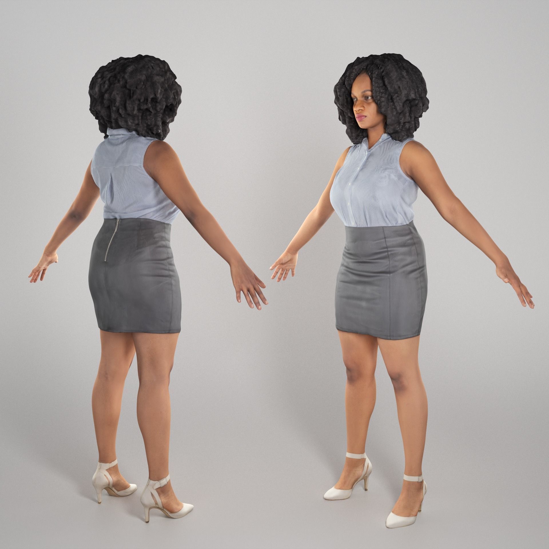 Woman in shirt and leather skirt ready for rigging 281 Low-poly 3D model_1