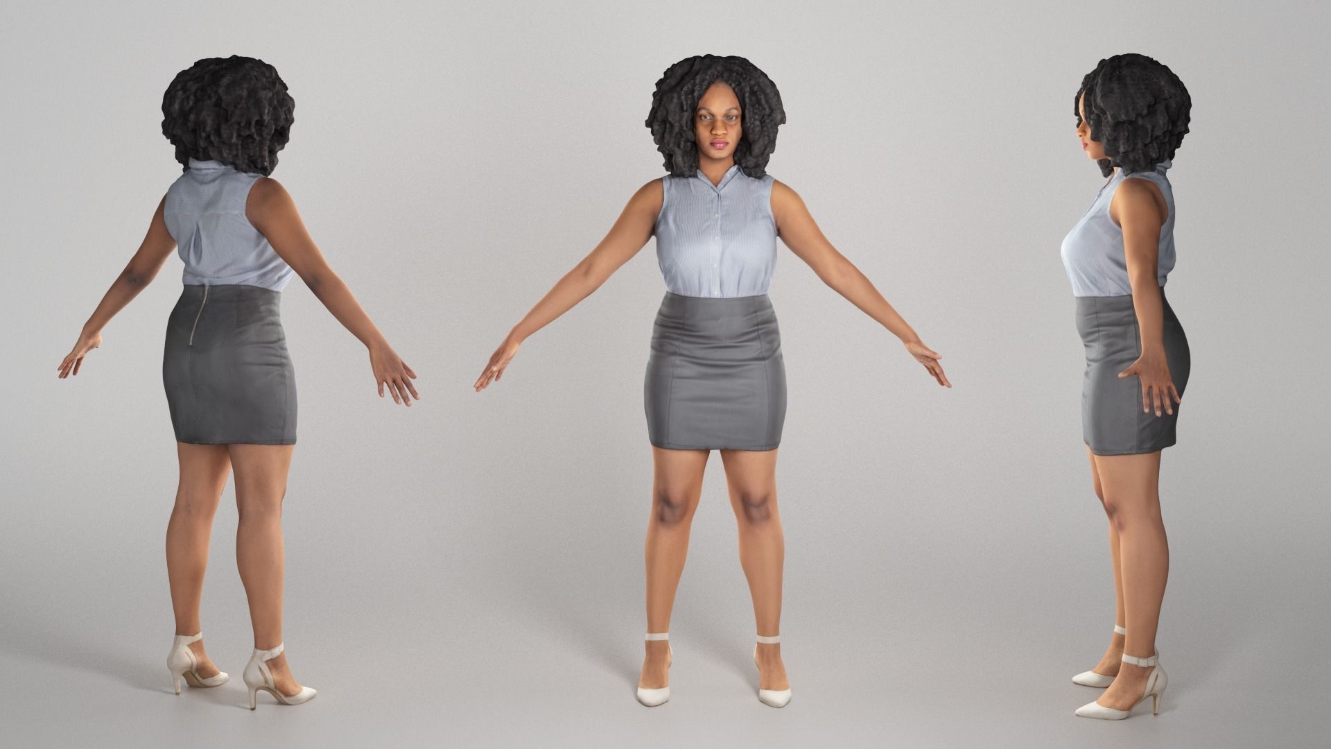 Woman in shirt and leather skirt ready for rigging 281 Low-poly 3D model_2
