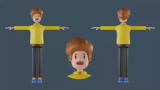 Cute Young Man Character with Afro Hair Low Detial 3D Model