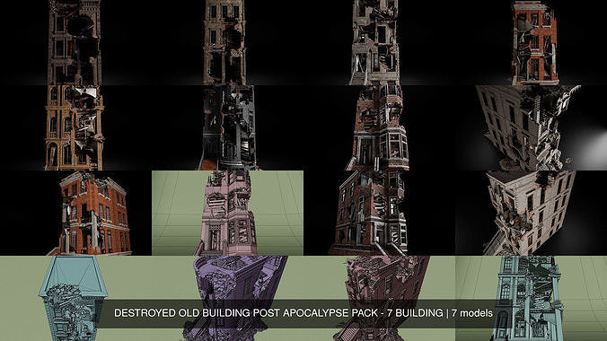 DESTROYED OLD BUILDING POST APOCALYPSE PACK - 7 BUILDING 3D Model Collection