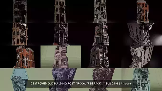DESTROYED OLD BUILDING POST APOCALYPSE PACK - 7 BUILDING 3D Model Collection