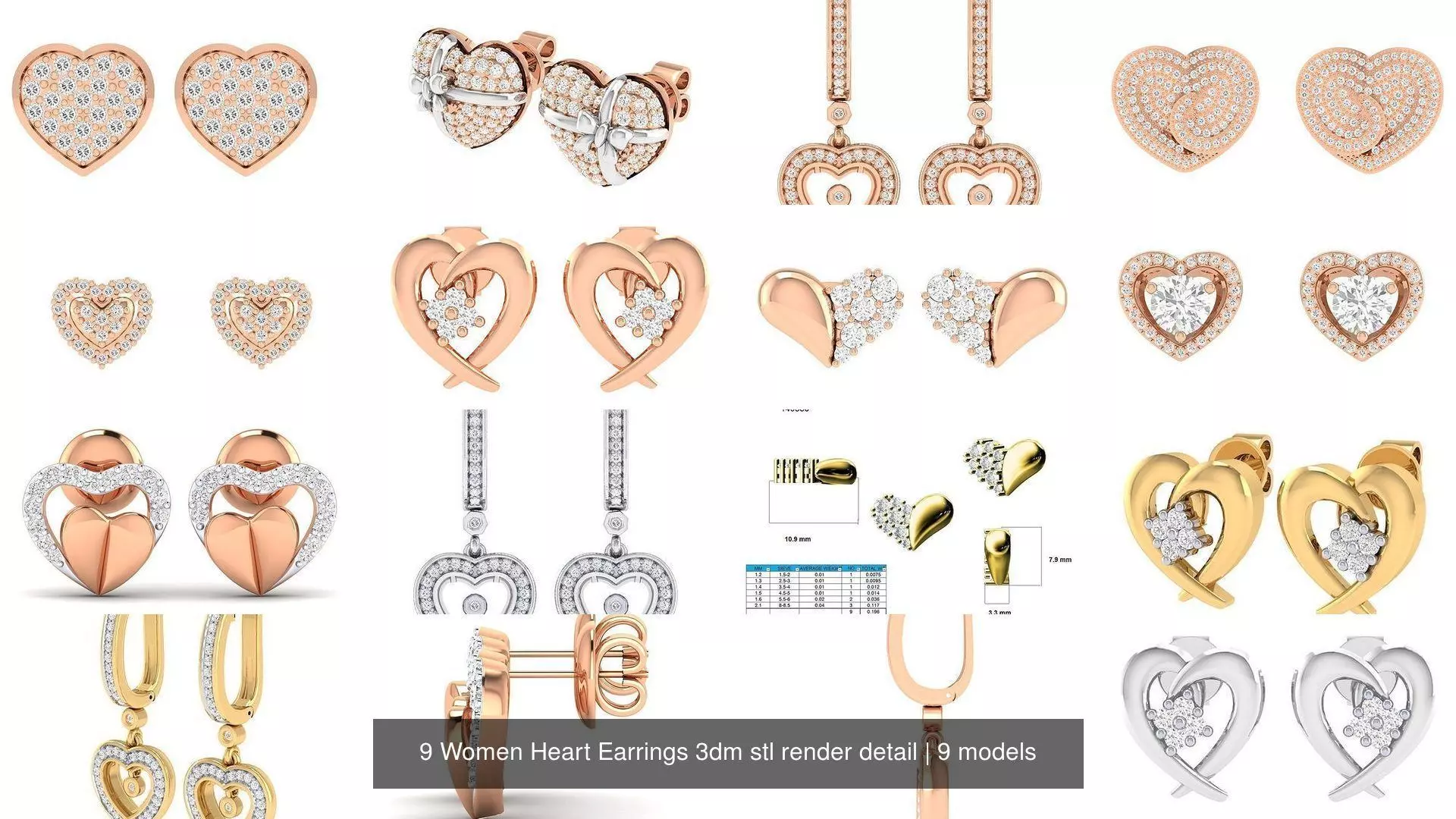9 Women Heart Earrings 3dm stl render detail 3D Model Collection_1