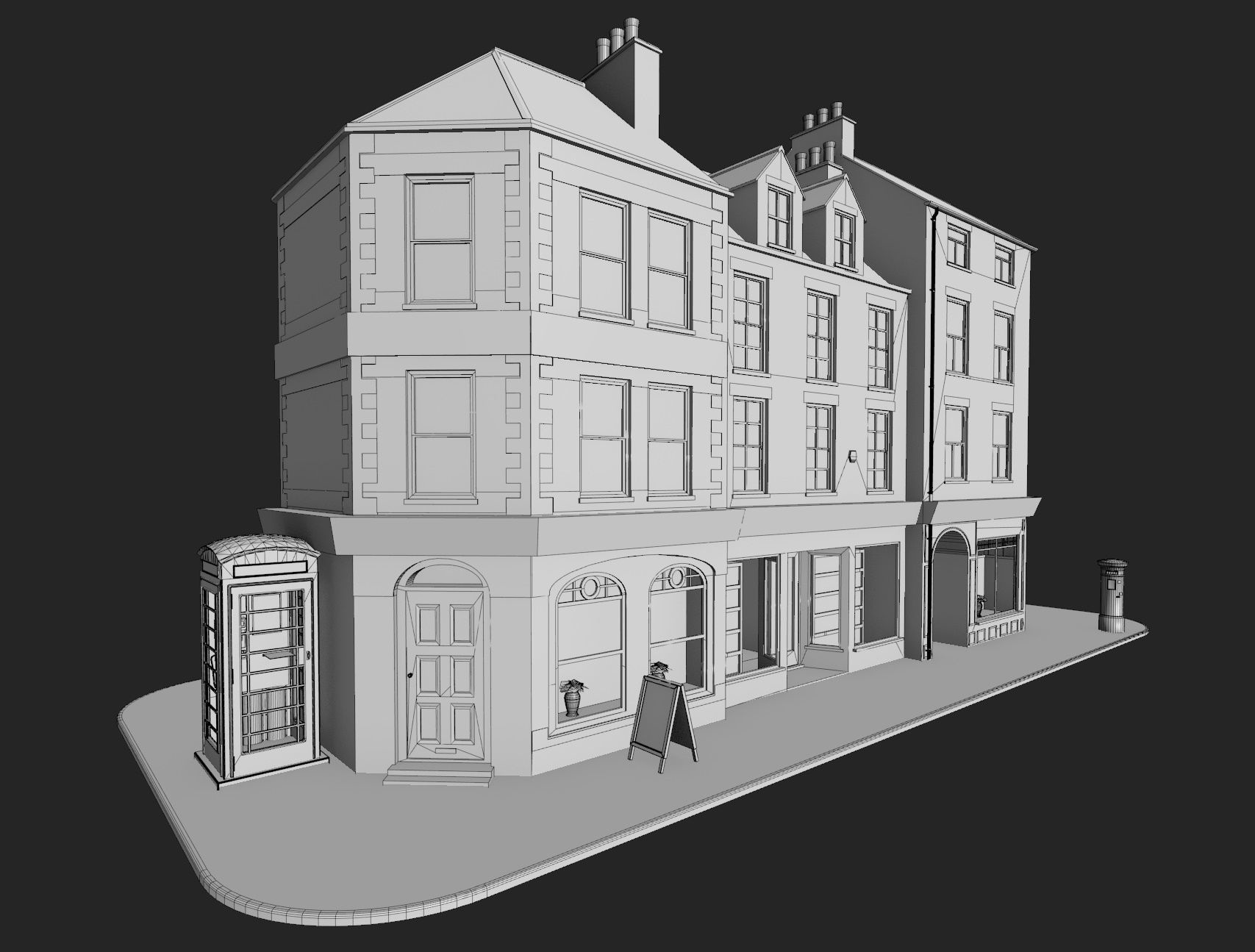 Uk town buildings with telephone and post box Low-poly 3D model_5